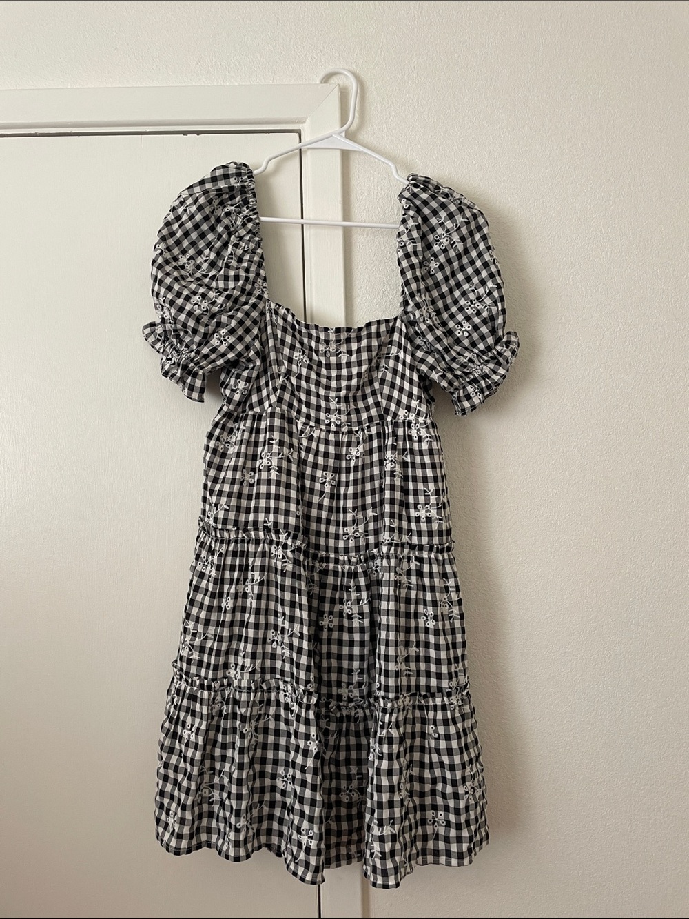 Storia Black and White Gingham Puff Sleeve Mini Dress